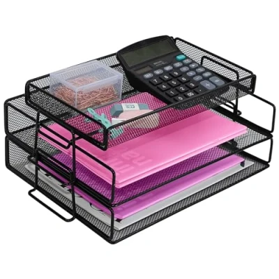 Immagine di ideallife Organizer da scrivania con ripiano per documenti, 2 pezzi, in metallo, impilabile, vassoio superiore, carta A4, forniture ufficio