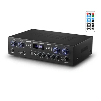 Immagine di Donner Amplificatore di potenza Audio Bluetooth 5.0, Stereo 4 Canali, HiFi 440W con USB, SD, FM, 2 Microfono IN Echo, RCA, LED per Studio, Casa, MAMP5