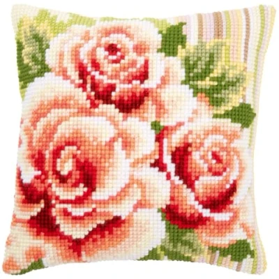 Immagine di Vervaco Cuscino per punto croce con rose rosa prestampato, in cotone, multicolore, 40 x 0,3 cm