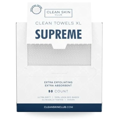 Immagine di Clean Skin Club Towels XL™ Supreme, asciugamano viso 100% USDA biobased, usa e getta, accettata dall&#039;associazione eczema, salviette asciutte struccanti, ultra morbide, 50 ct, 1