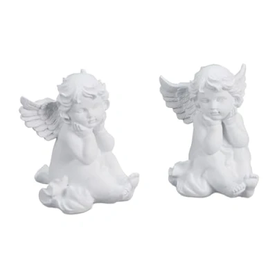 Immagine di Relaxdays Statuetta Angelo Seduto, Set da 2, Statua Commemorativa Resistente al Gelo, per Giardino, Poliresina, Bianco, 10 x 7 9 cm