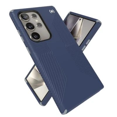 Immagine di Speck custodia per Samsung Galaxy S24 Ultra, protezione contro le cadute, presa, resistente ai graffi, morbida al tatto, presa Presidio2, blu costiero, grigio polvere/bianco
