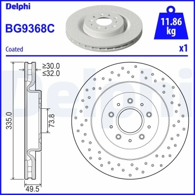 Immagine di DELPHI BG9368C Disco freno 335 32 5 ventilato rivestito non trattato senza cuscinetto ruota, anello sensore ABS JAGUAR: XK 8 Coupe, Cabrio