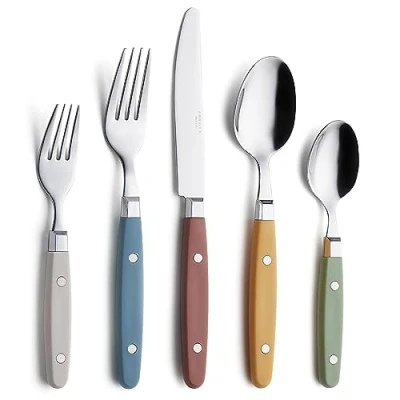 Immagine di Annova, set di posate in acciaio inox con manico colorato rivetto/posate stile retrò (Morandi Mix, 20 Pieces)
