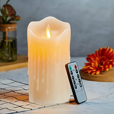 Immagine di Candele LED, Flickering Flameless LED Candele, a Batteria, con Telecomando 10 Tasti, Fiamma danzante, Gocce di cera, Realizzato in Vera Paraffina, Funzione Timer 24 ore 10cm Ivory