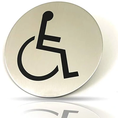 Immagine di Kerafactum targhetta per WC con disabili, sedia a rotelle, guidatore di sedie la porta del WC, rotonda, in acciaio inox opaco, lucido, motivo Pictogramma