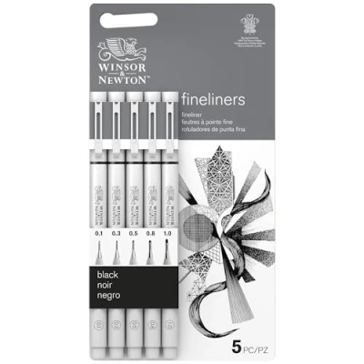Immagine di Winsor &amp; Newton Fine Liner Nero Set di 5 Neri con Punte 0.1 0.3 0.5 0.8 1.0 mm