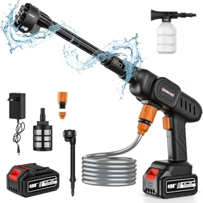 Immagine di Idropulitrice a Batteria Ugello 6 in 1, Portatile con 1 Batterie e Tubo da 5M, Pulitore ad Alta Pressione Senza Fili per Auto, Giardino, Pavimenti Esterni (1x Batteria)