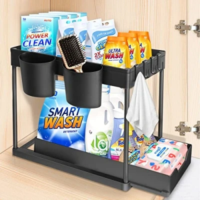 Immagine di YOCOLE Organizzatore Sotto il Lavandino 2 Livelli, Scorrevole Scaffale Sottolavello Portaoggetti con 4 Ganci e Bacinelle Sospese, Estraibile Cassetti Organizer per Cucina Bagno, Nero