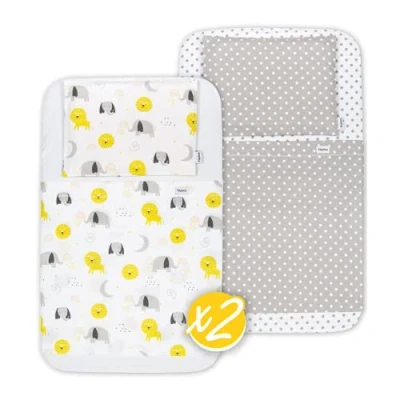 Immagine di FlyIdeas Lenzuola Next2Me Set MAXI 8 pz 83x50cm, 100% Cotone Cert. con 2 Sotto, Traverse Salva Pipi, Sopra &amp; Federe Cuscino per Culle Fianco Letto Neonato 50x80 40x80 e simili
