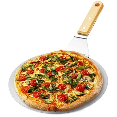 Immagine di COM FOUR® pala per pizza in acciaio inox e torta con manico legno spingipizza tondo pizza, tarte flambée pane (marrone/argento rotondo)