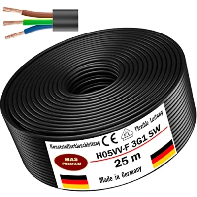 Immagine di Cavo flessibile in plastica H05VV F 3G0,75; 3G1; 3G1,5 o 3G2,5 di colore nero (H05VV 3G1 SW, 25 m)