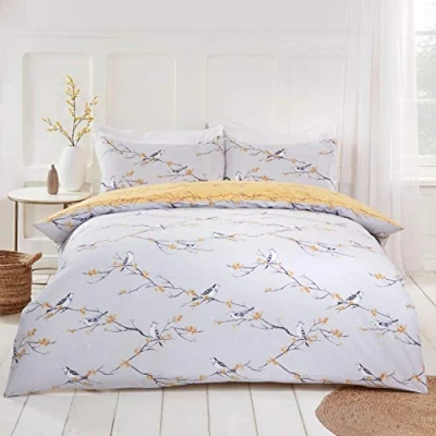 Immagine di Dreamscene Set di biancheria da letto reversibile con copripiumino e federa, motivo floreale uccellini, grigio, giallo ocra, matrimoniale