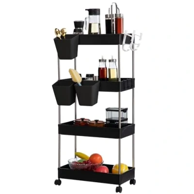 Immagine di DOEWORKS Carrelli Portaoggetti con Tazze Appese Carrello Cucina a 4 Ripiani, Organizer Scaffale Ruote per Bagno Camera Ufficio, Nero