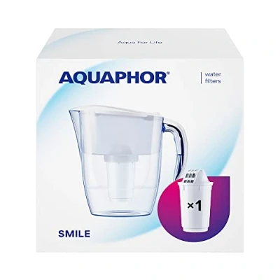 Immagine di AQUAPHOR Smile Caraffa filtrante per l&#039;acqua, 2,9 l, adatta porte del frigorifero, leggera, salvaspazio, include 1 filtro A5 da 350 L con aggiunta di magnesio, riduce calcare, cloro,