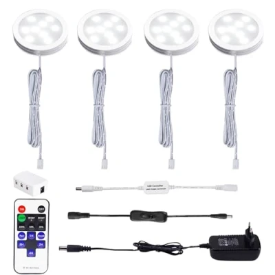 Immagine di AIBOO LED Luce Sottopensile Cucina Dimmerabile con Telecomando RF Wireless, Illuminazione A da Incasso per Armadio, EUR Spina, 4 Luci Display, 12V 8W Under Vetrine(Bianca Freddo 6000K)