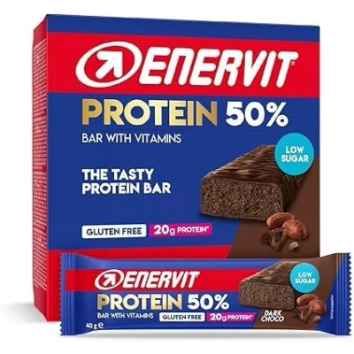Immagine di Enervit Protein Bar 50% Dark Choco, Barrette Proteiche Enervit, 20 Grammi di Proteine, con Vitamina D e B6, Gusto Cioccolato Fondente, Senza Glutine, Low Sugar, 12 da 40g
