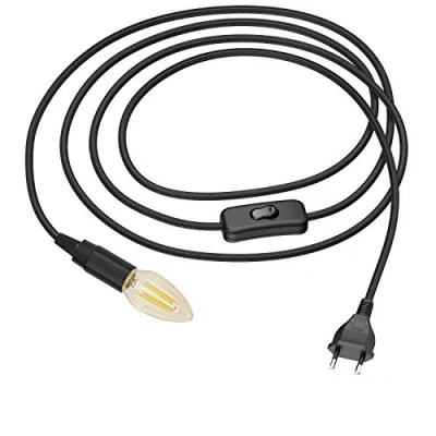 Immagine di ledscom.de Cavo tessile LEHA con spina e interruttore nero 3m incl. lampada LED E14 4,1W 458lm, bianco extra caldo