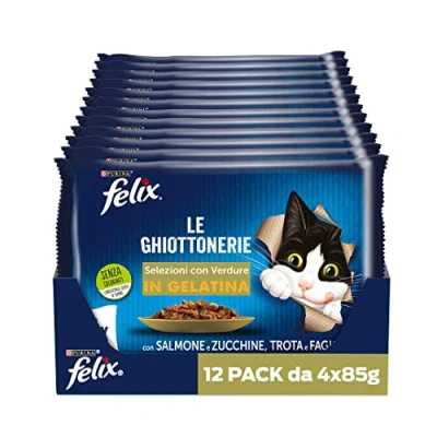Immagine di Purina Felix Le Ghiottonerie Cibo Umido per Gatti con Salmone e Zucchine Trota Fagiolini, 48 buste da 85g