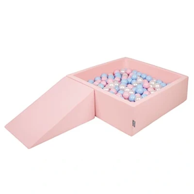Immagine di KiddyMoon Area di Gioco in Schiuma con Quadrato Piscina Palline (200 Palline) per Bambini, Rosa:Azzurro/Rosa Chiaro/Perla