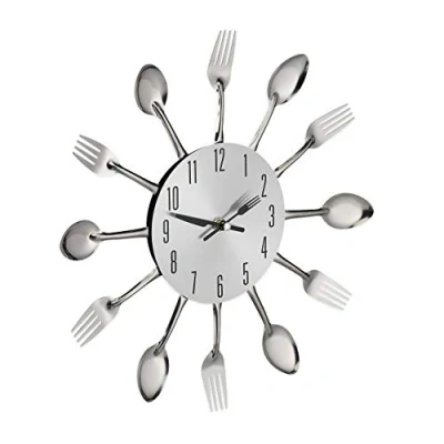 Immagine di Relaxdays Orologio da Cucina con Posate, Forchette &amp; Cucchiai, Ø 31 cm, Metallo, a Batterie, Silenzioso, argento
