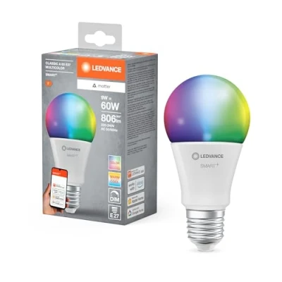 Immagine di Ledvance Lampada Led Smart+ Matter, Smerigliata, 9W, 806Lm, Forma a Goccia E27, Luce Colorata e Bianca, Compatibile con Google, Alexa, Apple, App o Controllo Vocale, Durata Fino 20.000 Ore