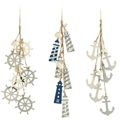 Immagine di com four® 3X Decorazione da Appendere in Stile Marittimo con timone, Ancora e Faro Conchiglie Mare Legno (3 Pezzi Grigio/Bianco/Blu)