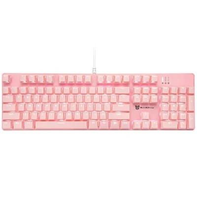 Immagine di Mecool tastiera meccanica da gioco cablata retroilluminata bianca interruttori rossi full size 104 tasti layout US rosa