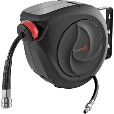 Immagine di Poppstar Avvolgitubo aria compressa professionale (10 m + 1 m, diametro del tubo 5/16&quot; (8 x 12 mm)), connessione 1/4&quot; BSPT giunto rapido, con riavvolgitore automatico e auto stop Nero
