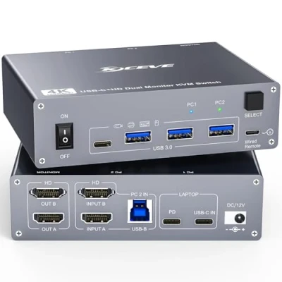 Immagine di YOUTINGHDAV KVM Switch 2 PC Monitor USB C, Dual per Laptop e PC, 3.0 MST Doppio 4K@60Hz, Tipo C 60W Ricarica Laptop, HDMI con Wired Remote, Alluminio