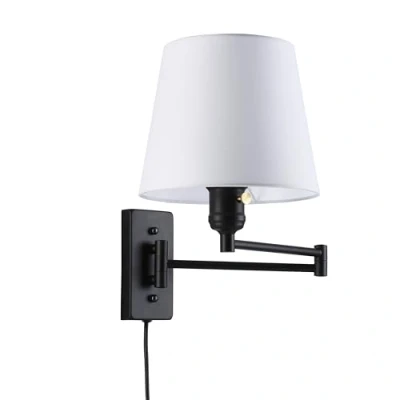 Immagine di B·LED BARCELONA LED BarcelonaLED Lampada da parete a braccio articolato nero nordico moderno con cavo e interruttore Paralume in tessuto bianco Presa E27 per camera letto Comodino Hotel