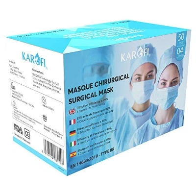 Immagine di KAROFI Mascherine Chirurgiche TIPO IIR (II R, 2R) MEDICO, 4 STRATI, BFE &gt; 99%, testate e approvate, certificate CE EN14683 : 2019, pacco da 50