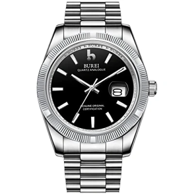 Immagine di BUREI quarzo uomo orologi di analogico data orologio da polso in vetro zaffiro con lente a due toni acciaio inox banda (Argento + Nero)
