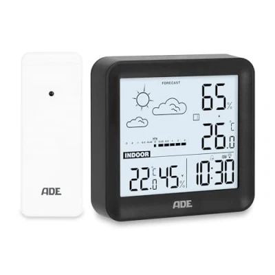 Immagine di ADE Piccola stazione meteorologica digitale con sensore esterno e previsioni meteo temperatura interna ed esterna Umidità Orologio radio sveglia batterie incluse nero