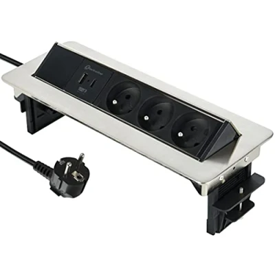 Immagine di Electraline 35445 Blocco multipresa retrattile, piano di lavoro con 3 16 A, standard francese + 2 3,1 A 1 USB tipo C 15,5 W, presa da incasso per cucina, cavo m, nero, orizzontale