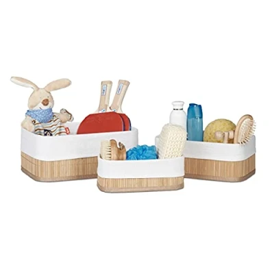 Immagine di 3 Cestino Portaoggetti, Pratico Set, Fodera in Tessuto, bambù, Rettangolare, Bagno, Giochi, Naturale