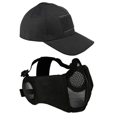 Immagine di AOUTACC Maschera in rete per softair, con protezione le orecchie e berretto da baseball regolabile, set Cosplay/CS/caccia/paintball/tiro (nero)