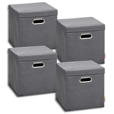 Immagine di Storanda Set di 4 contenitori con coperchio, 28 x cm, manici larghi su entrambi i lati, stabili e pieghevoli, per scaffalature a cubi, colore antracite