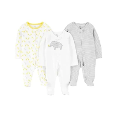 Immagine di Simple Joys by Carter&#039;s 3 Pack Neutral Sleep And Play Footie, Bianco Elefante/Grigio Chiaro Mini Righe/Giraffe, 6 Mesi (Pacco da 3) Unisex Bimbi
