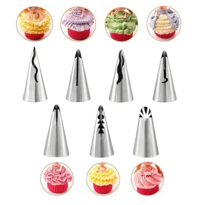 Immagine di NIXNUT 7 beccucci per glassa, decorare torte e cupcake, in acciaio inox, a forma di gonna pieghettata