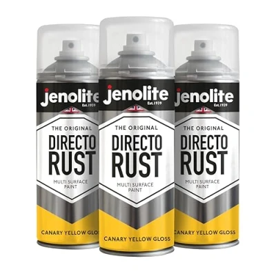 Immagine di JENOLITE Directorust Vernice spray Lucida GIALLO CANARINO multisuperficie Per l&#039;uso su legno, metallo, plastica, ceramica e superfici arrugginite 3 x 400ml RAL1018