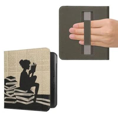 Immagine di kwmobile Custodia Cinturino Mano Compatibile con KoboLibra Colour Cover eBook Reader Case eReader Simil Pelle Ragazza e Libri