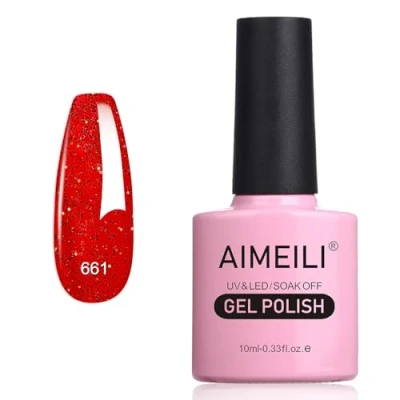 Immagine di AIMEILI Smalto Semipermanente in Gel UV LED per Unghie Kit Smalti Semipermanenti Soak off Colori Manicure Glitter Rosso Natalizio (661) 10ml