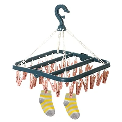 Immagine di Yngffb Appendiabiti Per Calzini, Stendibiancheria In Plastica Con 32 Mollette Salvaspazio Biancheria Intima, Gancio Girevole Da Stendino Antivento