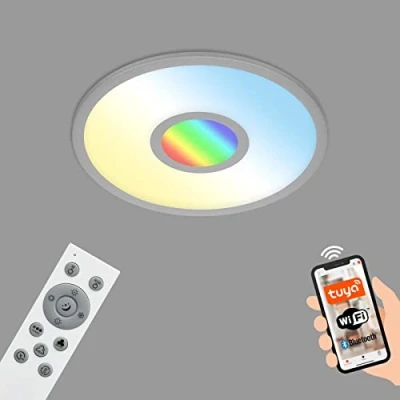 Immagine di Briloner lampada da soffitto Smart LED, Wifi con luce centrale RGB, CCT, dimmerabile, controllo vocale, colore argento, 450x60 mm