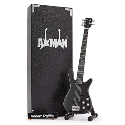 Immagine di Axman Robert Trujillo Replica di chitarra in miniatura, regalo musicale, fatta a mano, scala 1/4, include una scatola espositiva, targhetta per il nome e supporto miniatura