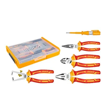 Immagine di INGCO Set di 5 pinze isolate VDE da 1000 V, combinate 7 pollici, taglio diagonale 6 a becco lungo spelafili 1 matita prova