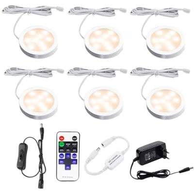 Immagine di AIBOO LED Luce Sottopensile Cucina Dimmerabile con Telecomando RF Wireless, Illuminazione A da Incasso per Armadio, EUR Spina, 6 Luci Display, 12V 12W Under Vetrine(Bianca Calda 2700K)