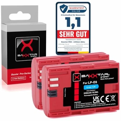 Immagine di Baxxtar Pro LP E6 Batteria (2x 2250mAh) di qualità con Infochip sistema intelligente Compatibile Canon EOS 80D 70D 60D 60Da 7D 6D Mark I II 5D III IV