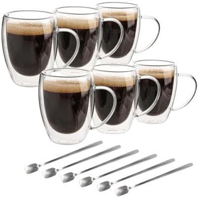 Immagine di Belle Vous 6 Pezzi Tazzine Caffe Doppio Vetro Tazze con Manici da 350 ml Borosilicato Isolate e Resistenti al Calore per Tè, Caffè, Cappuccino Caffèlatte